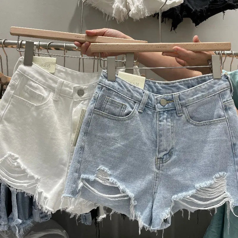 Wurry Denim Shorts for Women, Online Red, New Loose Korean Version, A-line, Hole-hot Pants for Summer